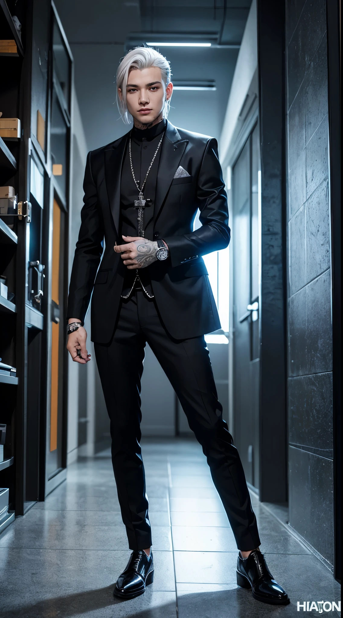 A young man wearing special black suit, he has silver hair, a dragon tatoo in his hand, wearing a cyberpunk watch. Full body