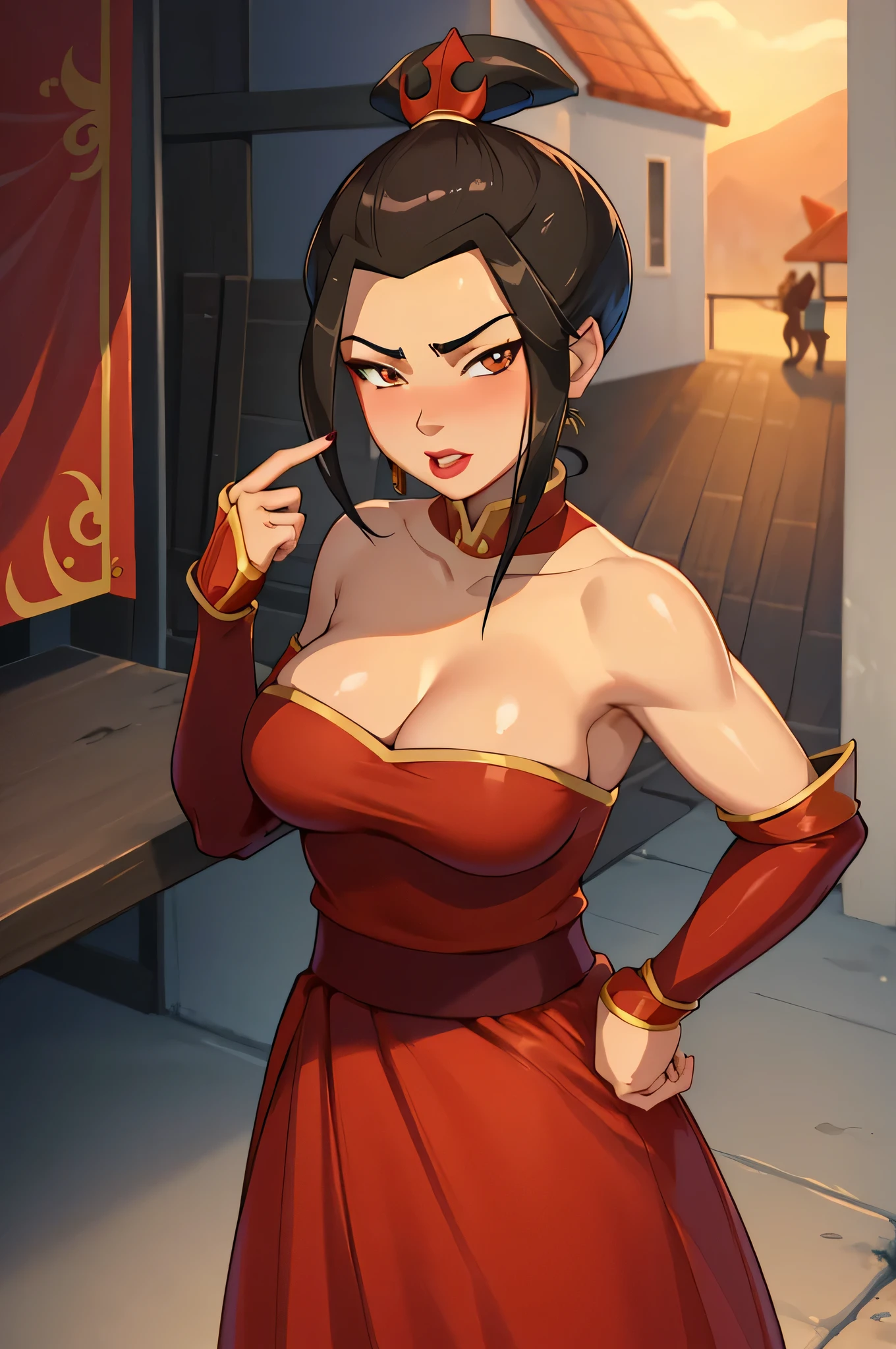 Beautiful, Masterpiece, Best Quality, extremely detailed face, perfect  lighting, Cowboy shot, 1girl, Azula, the perfect body, big breasts, taut clothes, seductive, lipstick, makeup, pony tail, topknot, looking a viewer