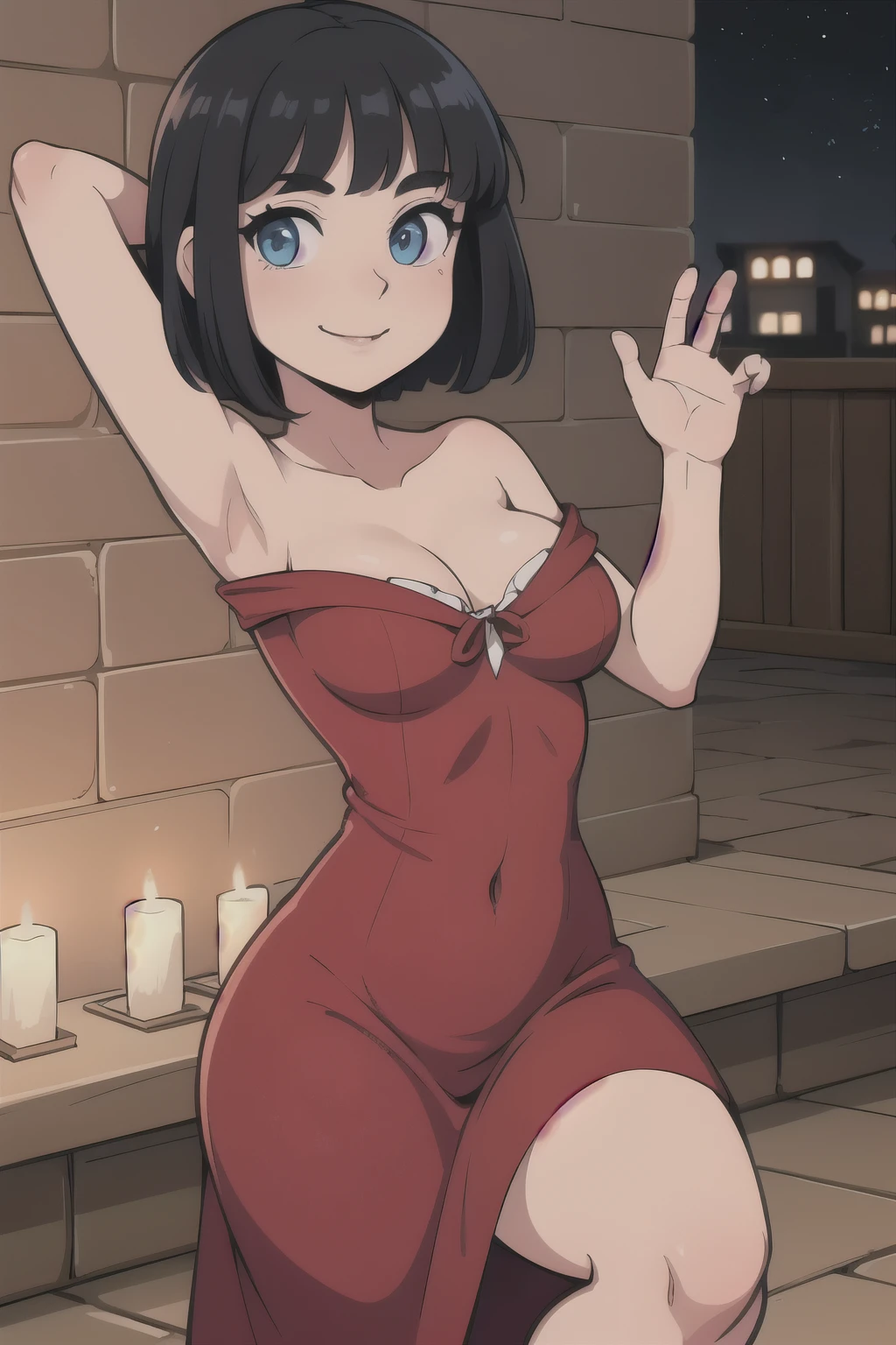 ((best quality)), ((masterpiece)), (detailed), perfect face, 1 girl, solo, ager, black hair, bob cut, bob hair, blue eyes, smile, in a flamenco dress, off the shoulder dress, red dress, a longer body, teen, bare shoulders, and being so beautiful, close up, dancing in the village, at night time at a town, with candles burning on the floor, in 2D illustration, 2D art style, A flamenco pose, hands in the air, armpits