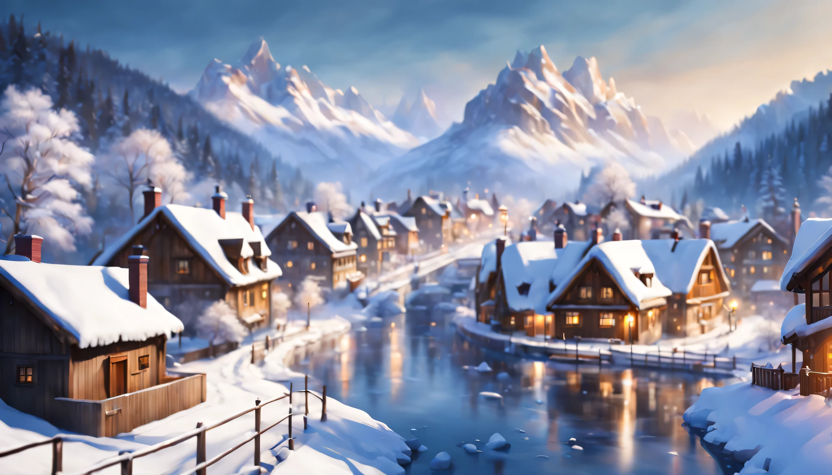 (best quality,4k,8k,highres,masterpiece:1.2),ultra-detailed,(realistic,photorealistic,photo-realistic:1.37),small village,natural landscape,peaceful,serene,quaint,wooden houses,cobblestone streets,smoke rising from chimneys,rooftops covered in snow,icy river flowing through the village,tall, majestic mountains in the background,glistening white snow covering the entire scene,vibrant blue sky,delicate snowflakes falling from the sky,soft winter sunlight casting a warm glow,gentle smoke trails from the chimneys,snow-covered trees lining the river banks,reflection of the mountains in the calm river water,people skating on the frozen river,children laughing and playing in the snow,distant sound of sleigh bells,crisp winter air,quiet and tranquil atmosphere.