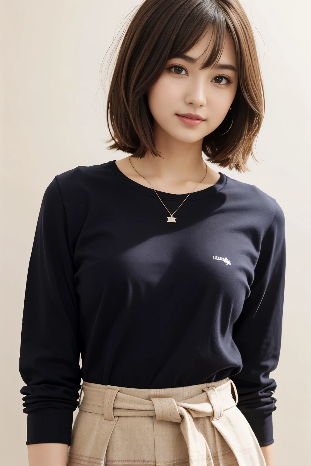 ​masterpiece、一人のBeautuful Women、A detailed face、A detailed eye、Detailed skin、top-quality、japanes、Always face straight ahead、White background,、24 year old、黒の無地のlong Sleeve T-Shirtを着ています、Smile、short-cut、brown fluffy hair, Soft light, Beautuful Women、bright expression、(is standing)、(from the front side)、Smaller chest、(The upper body also faces straight ahead.),Wearing a long plaid skirt , FULL BODYSHOT,So that the whole body is reflected, White background, Bob Heyer in Short,Your chest should also face straight ahead.,Natural light、long Sleeve T-Shirt、Always face straight ahead、