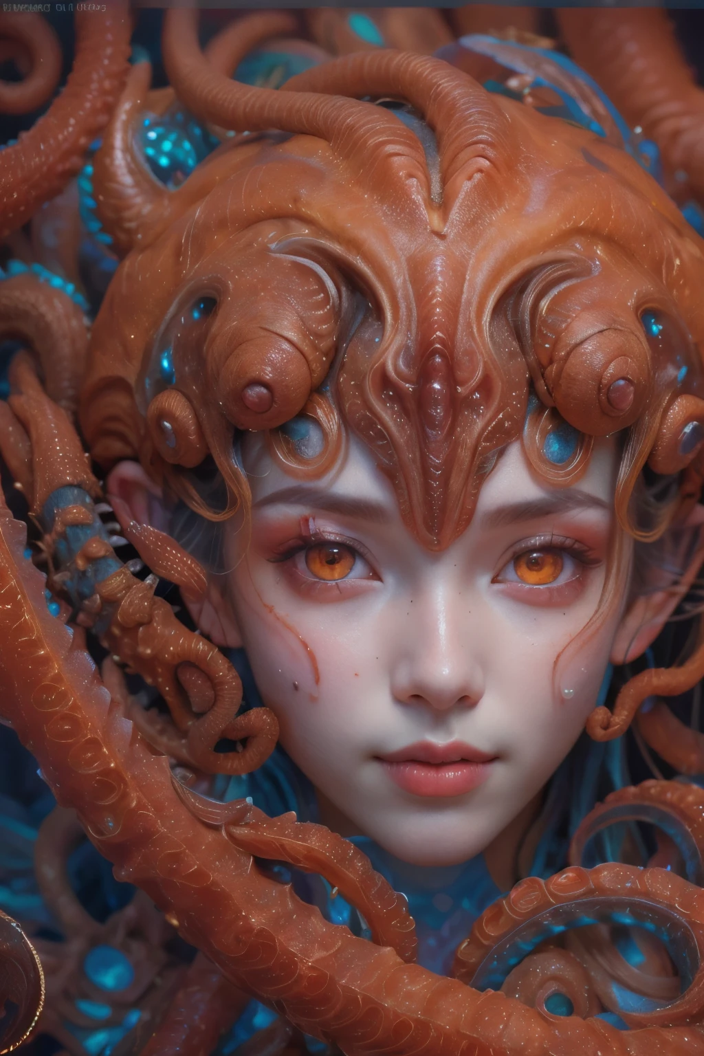 Portrait, (1 beautiful female alien:1.2), (There is a female genital-like organ in the middle of the forehead:1.8), (The most beautiful face in the history of the universe:1.2), (Scarlet eyes that shine mysteriously:1.6), (Translucent skin:1.8), an evil gaze that seduces, (red eyes:1.5), (large mouth:1.1), sharp teeth like a shark, Full body like, (bio luminescent:1.2), (Smile wickedly:1.3), (sexypose:1.5), alien, No humans, cells are fused, (Lots of translucent tentacles:1.1) (Translucent skin:1.3), extraterrestrial, cell, bio image, Best Quality, 8K,4K_quality, High Definition, Dramatic Lighting, masutepiece:1.5,cinematic quality, detail up, (Intricate details:1.2), High resolution, High Definition, drawing faithfully, (Thick eyebrows:1.2), Beautiful eyes with fine symmetry, (Ultra detailed eyes:1.2),(Highly detailed face and eyes:1.2), (High-resolution red-eye:1.4), Intimate face, (Super detailed skin quality feeling:1.4), Perfect Anatomy, (Beautiful toned body:1.5), (Moist skin:1.2), No makeup, (dark circles:1.1), long canines, cinematic drawing of characters, ultra high quality model, cinematic quality, detail up, (Intricate details:1.2), High resolution, High Definition, drawing faithfully, Official art, Unity 8K wall , 8K Portrait, Best Quality, Very High resolution, ultra detailed artistic photography, midnight aura, unreal enginee 5, Ultra Sharp Focus, art by alberto seveso, ArtGerm, Roisch, intricate artwork, best quality, masutepiece, ultra High resolution, (photos realistic:1.4), Ultra-realistic realism, dream-like, nautilus, Creation of fantasy, Snail, Dream Snail, (biopunk nautilus:1.3), Thrilling color schemes, Ultra-realistic realism, seductively smiling, Blue tentacles