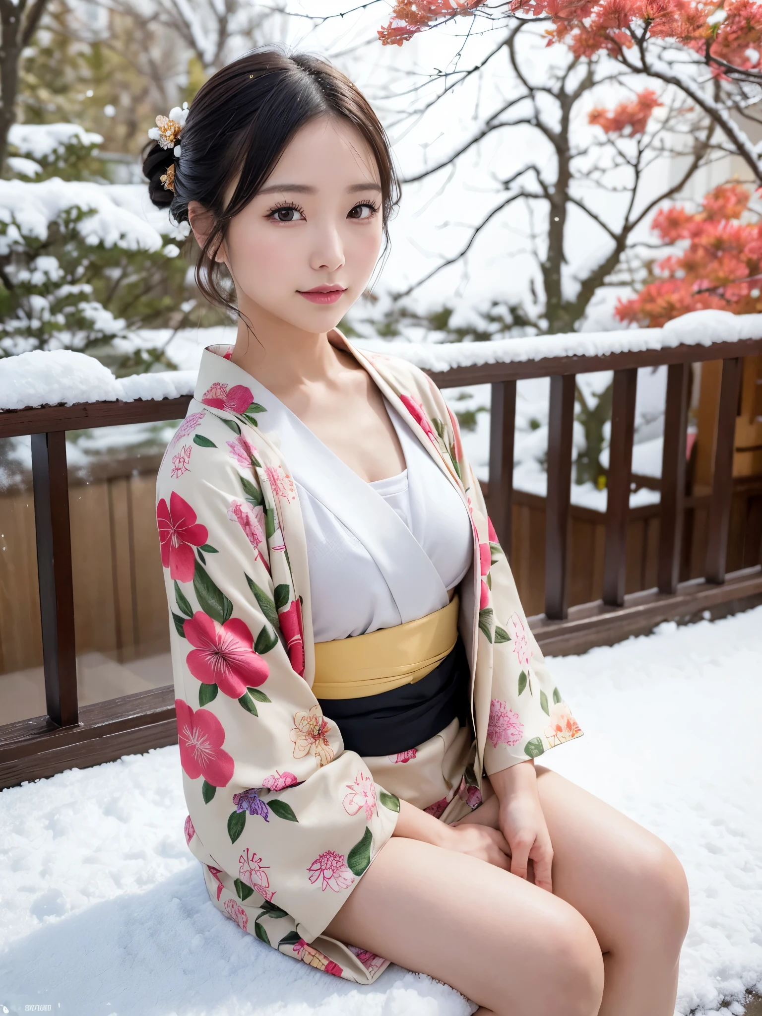 (floral printed mini Kimono, Obi: 1.2), ((of the highest quality, 8K, masutepiece: 1.3, Raw photo)), Sharp Focus: 1.2, (1 AESPA Girl :1.1), SOLO, (Realistic, Photorealistic: 1.37), (Face Focus: 1.1), Cute face, hyperdetailed face, (updo: 1.2), (Falling snow:1.2), (Hair swaying in the wind:1), (Light reflecting snow:1.3), Japanese theme, Washi background, Filming in the Japan Garden, Beautiful Japanese makeup, A beautiful woman that symbolizes Japan culture, (small breasts, flat chest, thigh: 1.1), sitting, spread legs