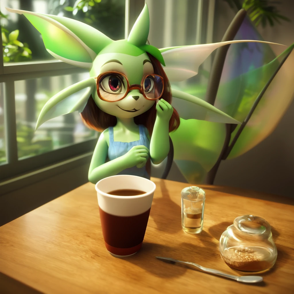 ((best quality)), ((masterpiece)), (detailed), perfect face, solo, anthro, mammal, , long hair, 3d (artwork), female, grey background, clothing, hi res, fur, background, clothed, digital media (artwork), celebi, smile, portrait, glasses, cafe, drinking coffee, window, photorealistic, fairy wings, fairy, antenna