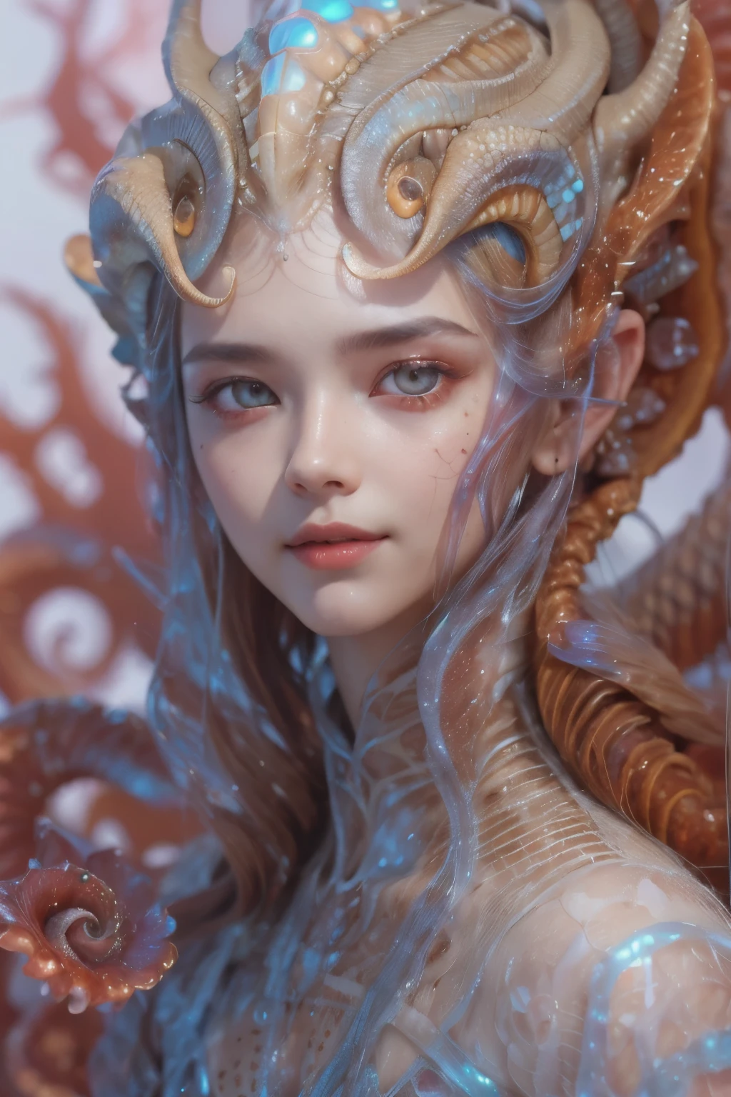 Portrait, (1 beautiful female alien:1.2), (There is a female genital-like organ in the middle of the forehead:1.8), (The most beautiful face in the history of the universe:1.2), (Scarlet eyes that shine mysteriously:1.6), (Translucent skin:1.8), an evil gaze that seduces, (red eyes:1.5), (large mouth:1.1), sharp teeth like a shark, Full body like, (bio luminescent:1.2), (Smile wickedly:1.3), (sexypose:1.5), alien, No humans, cells are fused, (Lots of translucent tentacles:1.1) (Translucent skin:1.3), extraterrestrial, cell, bio image, Best Quality, 8K,4K_quality, High Definition, Dramatic Lighting, masutepiece:1.5,cinematic quality, detail up, (Intricate details:1.2), High resolution, High Definition, drawing faithfully, (Thick eyebrows:1.2), Beautiful eyes with fine symmetry, (Ultra detailed eyes:1.2),(Highly detailed face and eyes:1.2), (High-resolution red-eye:1.4), Intimate face, (Super detailed skin quality feeling:1.4), Perfect Anatomy, (Beautiful toned body:1.5), (Moist skin:1.2), No makeup, (dark circles:1.1), long canines, cinematic drawing of characters, ultra high quality model, cinematic quality, detail up, (Intricate details:1.2), High resolution, High Definition, drawing faithfully, Official art, Unity 8K wall , 8K Portrait, Best Quality, Very High resolution, ultra detailed artistic photography, midnight aura, unreal enginee 5, Ultra Sharp Focus, art by alberto seveso, ArtGerm, Roisch, intricate artwork, best quality, masutepiece, ultra High resolution, (photos realistic:1.4), Ultra-realistic realism, dream-like, nautilus, Creation of fantasy, Snail, Dream Snail, (biopunk nautilus:1.3), Thrilling color schemes, Ultra-realistic realism, seductively smiling, Blue tentacles