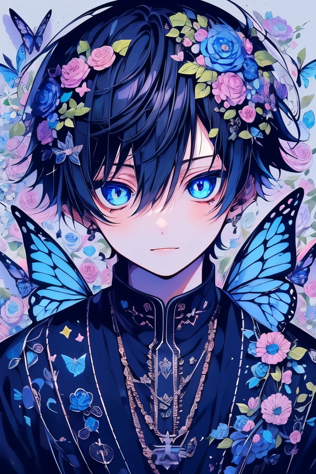 (masutepiece), (Best Quality), Highly detailed, One boy, Solo Focus,Perfect face, Beautiful face, extra detailed face,(A dark-haired:1.3),(blue eyess:1.3),florals,butterflys々,floralsびら,optic,a smile