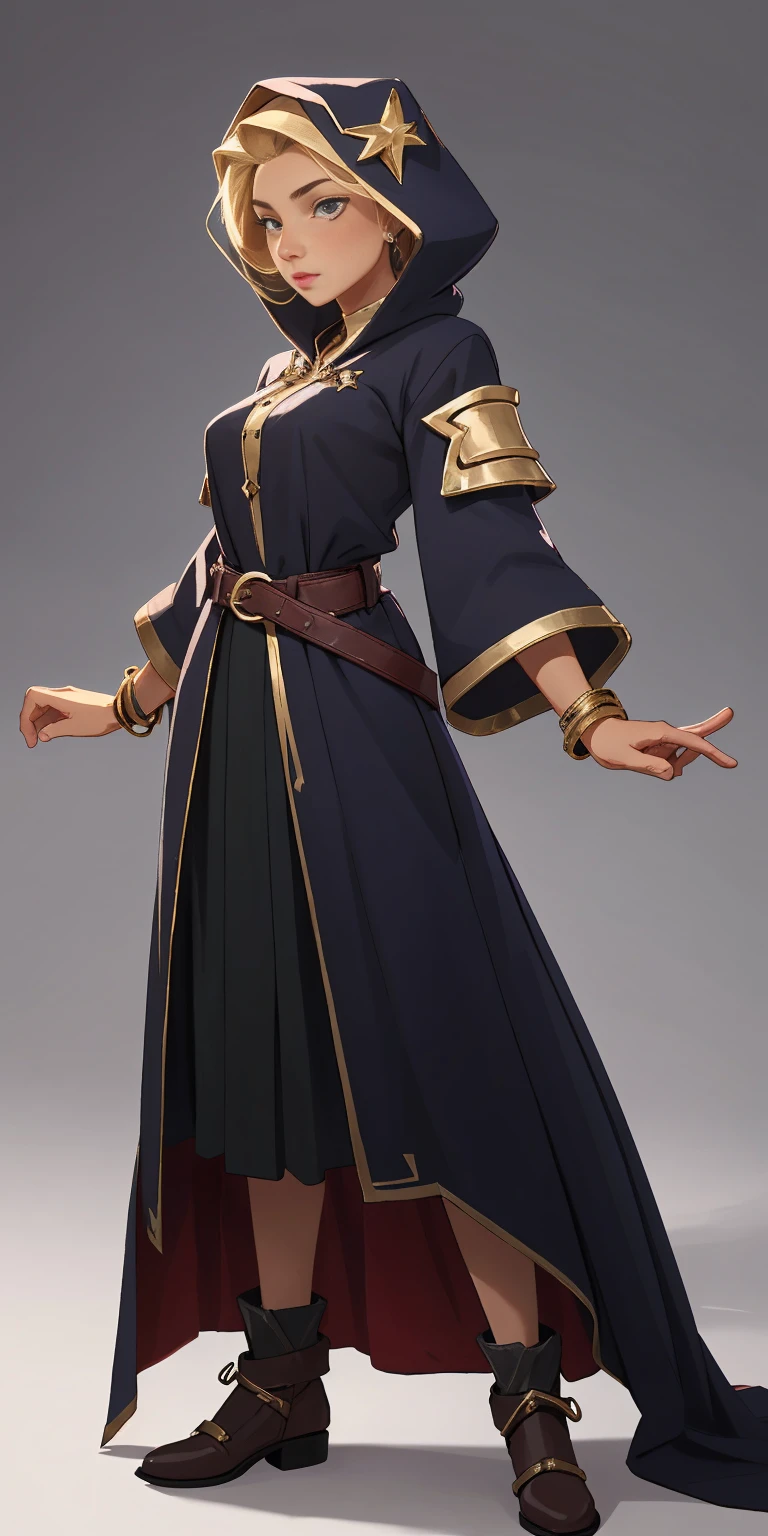 solo, 1girl,slave warrior with 2 legs and 2 arms tied to a bed, bondage MAGICIAN, FEMALE FOCUS, GRAY BACKGROUND, WIZARD, FULL BODY, STANDING, HOOD, ROBE, MILF, JEWELRY, LONG BLONDE HAIR, BRACELET, WIDE SLEEVES, WOMAN, BELT, GEMSTONE, LONG SLEEVES, FEMALE VERSION