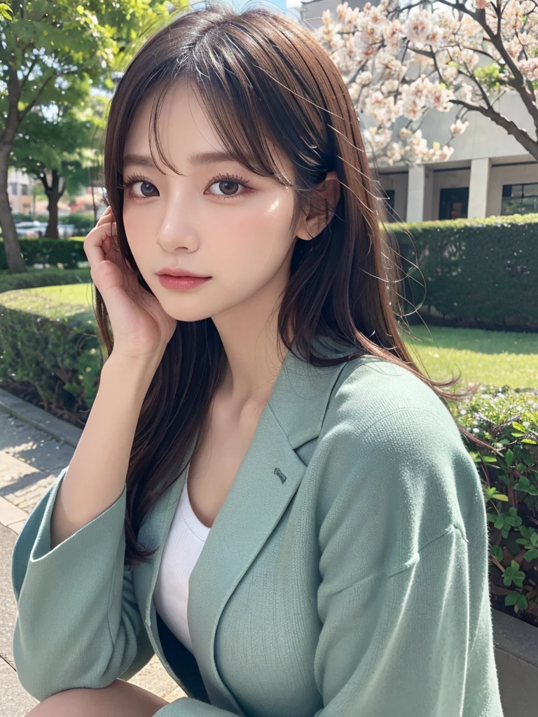 (Realistic, photo-Realistic:1.37), (masutepiece), (Best Quality:1.4), (超A high resolution:1.2),(Raw photo:1.2), 1girl in、femele、Wavy black hair、shorth hair、bluntbangs、green colored eyes、Business suits,finely eye and detailed face、8k wallpaper、intricate-detail、BREAK、kaleidoscope background、Symmetrical pattern、vivd colour、Geometric shapes、mesmerizing designs、optical 、ダイナミックコンポジションBREAKは、pantomime art、Sit up,expressive body language、Active Pose,Quiet storytelling、evocative gestures、 visual narratives、演劇BREAK、blooming flowers、The scent of colorful petals、nature's bounty、vibrant gardens、Tranquil landscape,full body Esbian