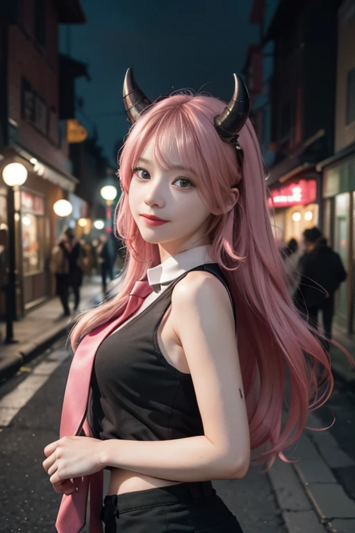 1 girl, Pink Long Hair, Red Horn, black tanktop, black necktie, light smile, yellow-eyed, medium burn_strength,, buildings,stores,Town streets, Gloomy sky, scenecy,neonlight,nightcity, ,, , absurd res, 詳細な目, The is very detailed, Volumetriclighting, actual, actual lighting, 8K, 电影灯光, depth of fields, perfect pubic, ultra - detailed, photoactual, ultra actual, actual light, hard lighting, Complicated details, , Tone-mapping, Focus sharp, ultra - detailed,Happy
