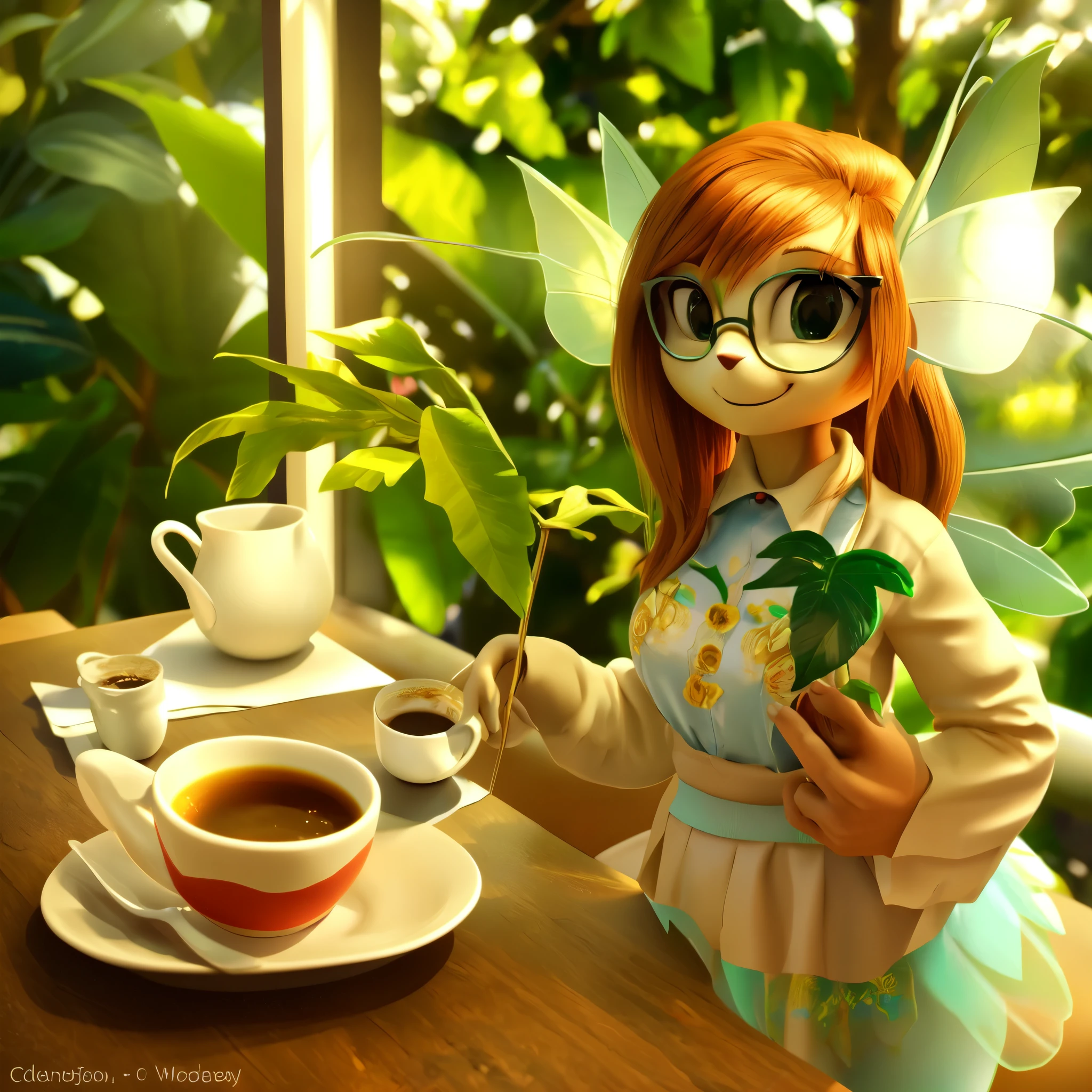 ((best quality)), ((masterpiece)), (detailed), perfect face, solo, anthro, mammal, , long hair, 3d (artwork), female, grey background, clothing, hi res, fur, background, clothed, digital media (artwork), celebi, smile, portrait, glasses, cafe, drinking coffee, window, photorealistic, fairy wings, fairy, antenna, leaf, teapot