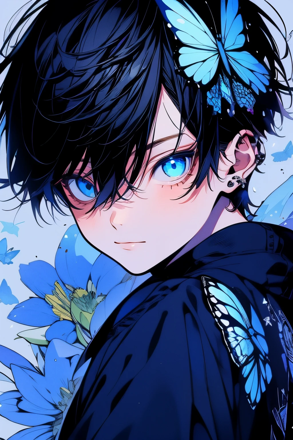 (muste piece), (best quality), very detailed, 1 boy, solo focus,perfect face, beautiful face, very detailed顔,(black short hair boy:1.3),(blue eyes:1.3),flower,butterfly々,flowerびら,Light,laughter