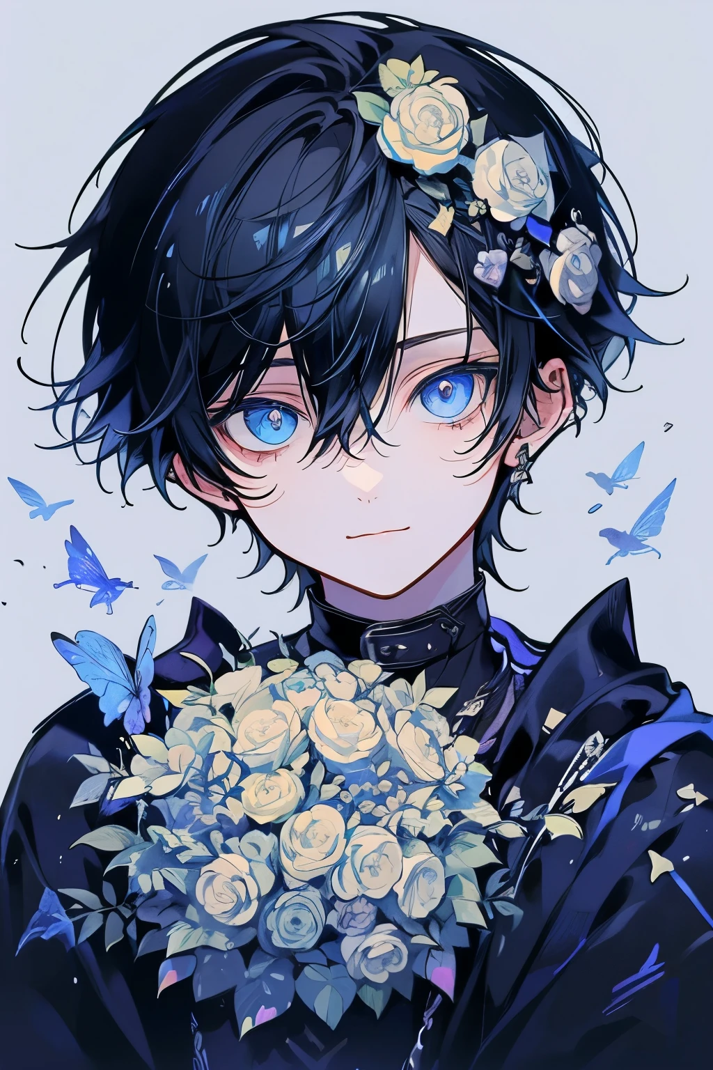 (masutepiece), (Best Quality), Highly detailed, One boy, Solo Focus，Perfect face, Beautiful face, extra detailed face，(A dark-haired:1.3)，(blue eyess:1.3)，florals，butterflys々，floralsびら，optic，a smile