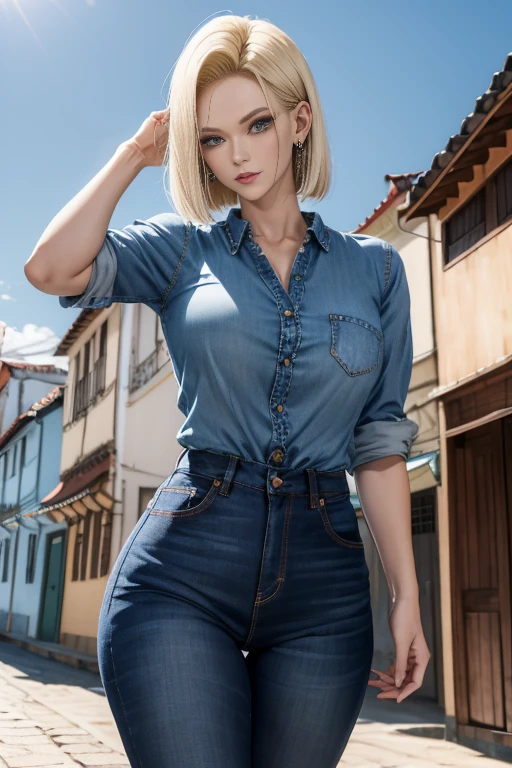 melhor qualidade, highres, and18, 1girl, android 18, solo, cabelo loiro, olhos azuis, cabelo curto, brincos, joias, colete jeans, colete aberto, Black pantyhosebloom, camisa branca, saia jeans, mangas longas listradas, saia azul, rua, (seios grandes: 1.2), fora do ombro,