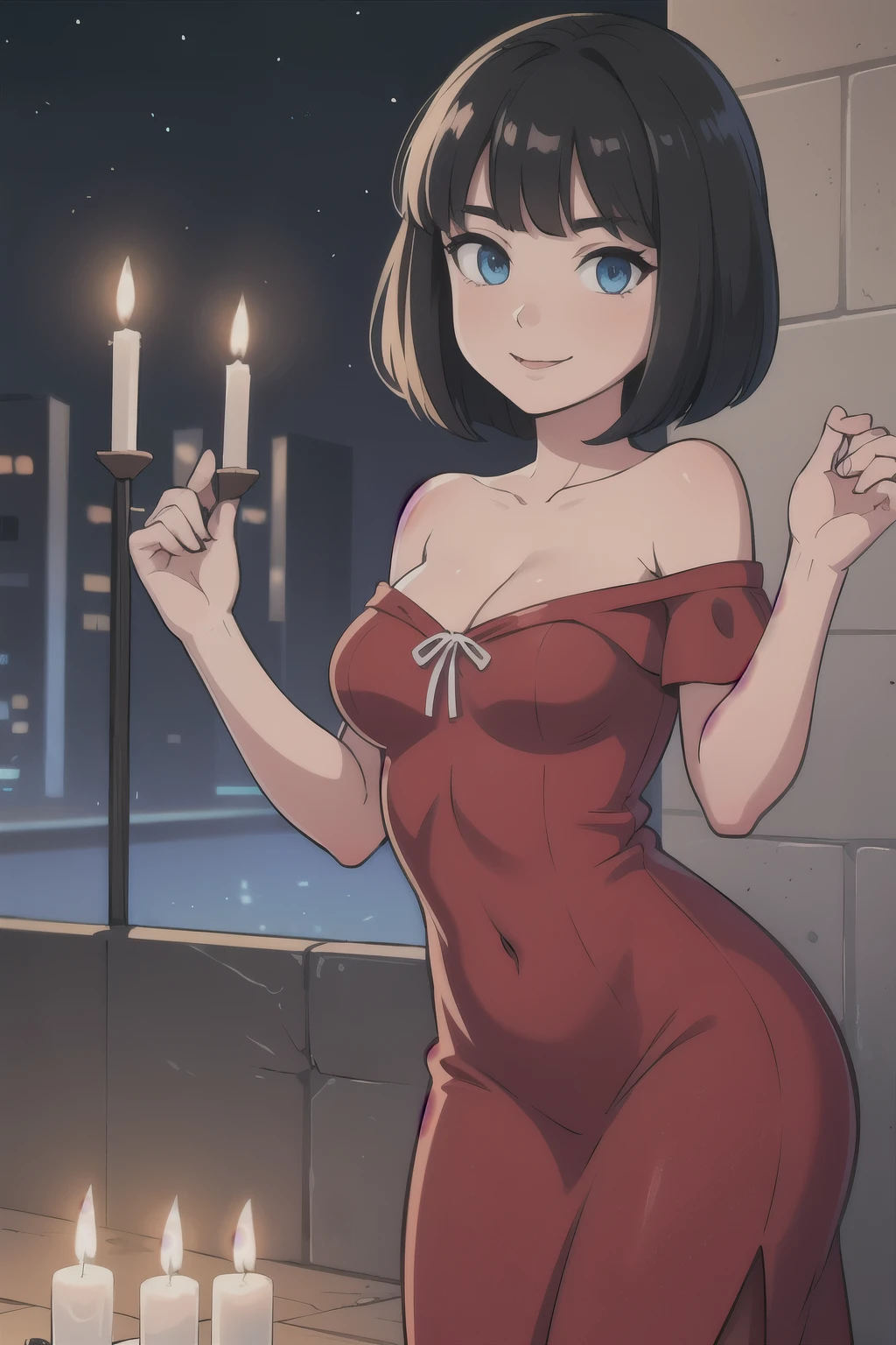 score_9, score_8_up, score_7_up, 1girl, solo, hourglass figure, Big breasts, kemonomimi, bear ears, brown hair, short hair, messy_hair, blue eyes BREAK freckles, shiny dress, red dress, elbow gloves, purple gloves, bare shoulders, strapless, sitting on bed, indoors, blush, drunk face, looking at viewer, breasts out, nipples, , open mouth, champagne bottle, fancy bedroom, window, night time, starry sky 