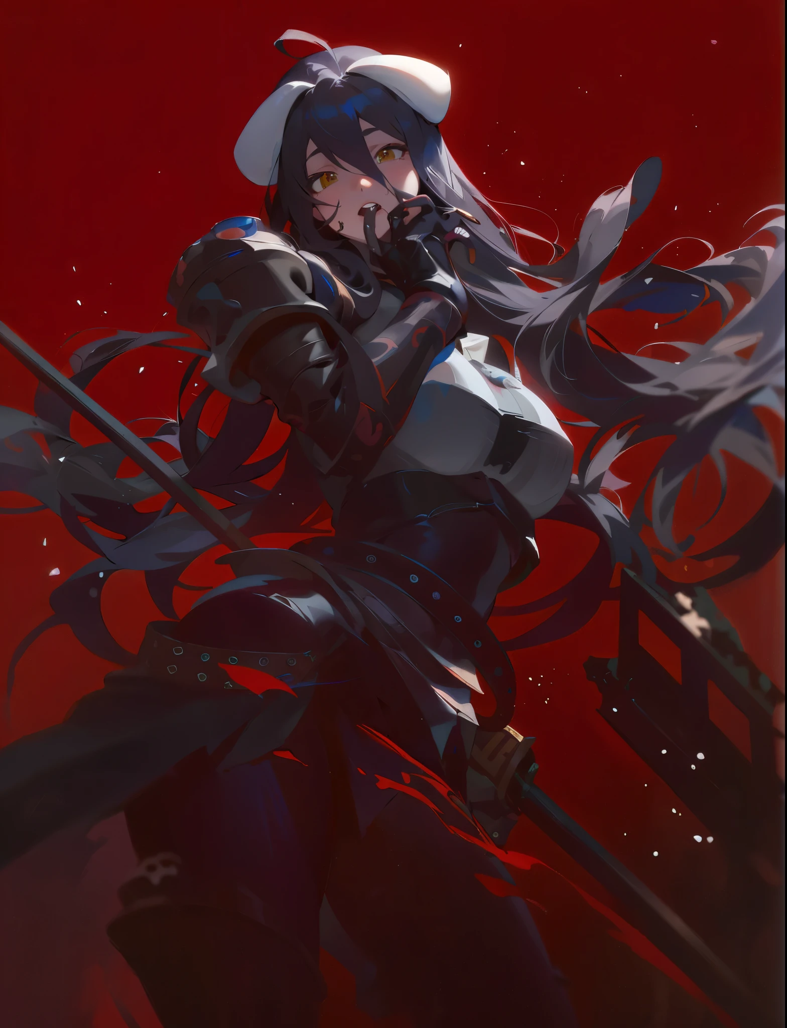 cute face, golden eyes, long hair, horns, sword, armor, wide hips, large breasts