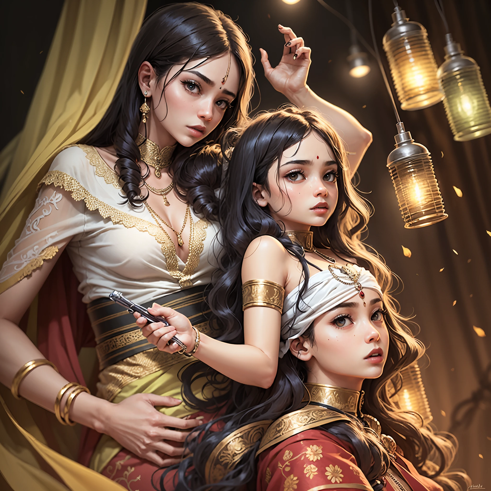 (Best Quality, 2k, Masterpiece, QHD: 1.3, A Handsome short haired african barbarian man is surrounded by three women up against him touching him and gaze at him, at a mansion, wearing Tracksuits that show off body, perfect bodies, women: long flowing hair, flowers in hair, seductive, materials, golden hour, , jewelry, golden hour, photorealistic, masterpiece, in love, small grin, perfect faces, Flirtatious-groping