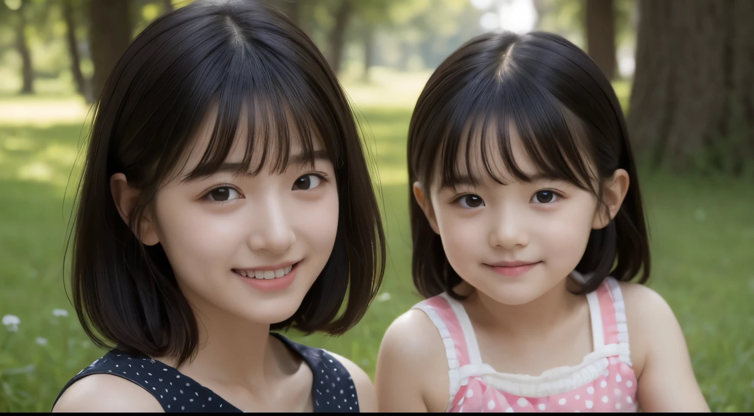 girl，Age 3 years，twincest，Same height，Looks the same，long eyelasher，large black eyes，Short black bangs，skin detailed，Hand detail，Wearing a polka-dot dress of the same color，The background is camping，natural soft light，Smile sweetly，超高分辨率，1.4x realism，超高分辨率，UHD Ultra HD