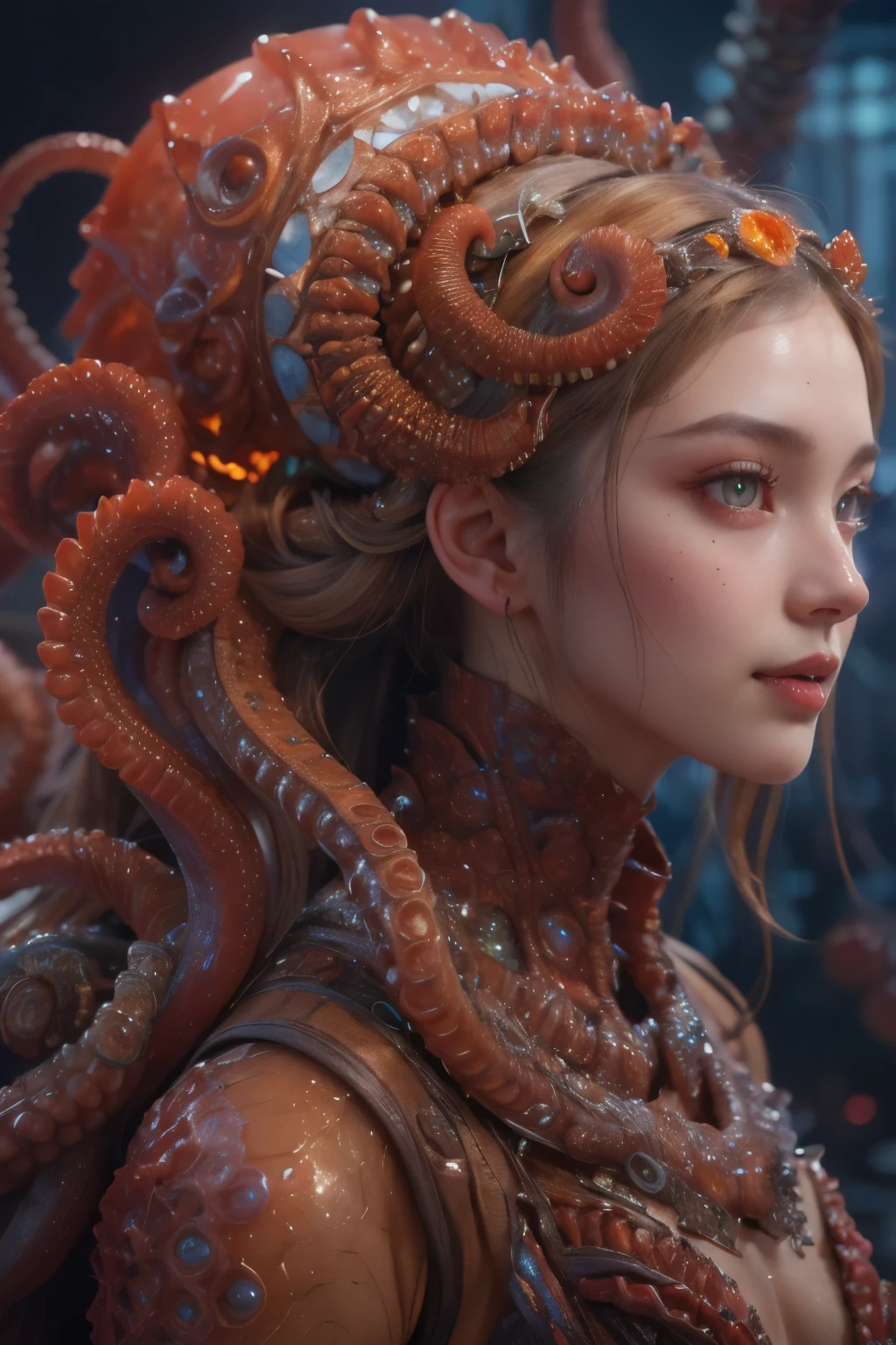 Portrait, (beautiful female alien:1.2),  (There is a female genital-like organ in the middle of the forehead.:1.8), (The most beautiful face in the history of the universe:1.2), (scarlet eyes:1.6), (Translucent skin:1.8), an evil gaze that seduces , (red eyes:1.5), Full body like, (sexypose:1.5), alien, No humans, cells are fused, (Lots of translucent tentacles:1.1) (Translucent skin:1.3), extraterrestrial, cell, bio image, 魅惑的, Best Quality, 8K,4K_quality, High Definition, Dramatic Lighting, masutepiece:1.5,cinematic quality, detail up, (Intricate details:1.2), High resolution, High Definition, drawing faithfully, (Thick eyebrows:1.2), Beautiful eyes with fine symmetry, (Ultra detailed eyes:1.2),(Highly detailed face and eyes:1.2), (High-resolution red-eye:1.4), Intimate face, (Super detailed skin quality feeling:1.4), Perfect Anatomy,  (Beautiful toned body:1.5),  (Moist skin:1.2), No makeup, (dark circles:1.1), long canines, cinematic drawing of characters, ultra high quality model, cinematic quality, detail up, (Intricate details:1.2), High resolution, High Definition, drawing faithfully, Official art, Unity 8K wall  , 8K Portrait, Best Quality, Very High resolution, ultra detailed artistic photography, midnight aura,  unreal enginee 5, Ultra Sharp Focus, art by alberto seveso, ArtGerm, Roisch, intricate artwork, Medusa, best quality, masutepiece, ultra High resolution, (photos realistic：1.4), Ultra-realistic realism, dream-like,  nautilus, Creation of fantasy, Snail, Dream Snail,  biopunk nautilus, Thrilling color schemes， Ultra-realistic realism， seductively smiling, Blue tentacles