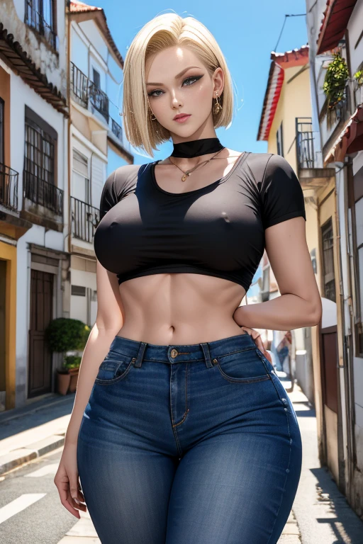 melhor qualidade, highres, and18, 1girl, android 18, solo, cabelo loiro, olhos azuis, cabelo curto, brincos, joias, colete jeans, colete aberto, Black pantyhosebloom, camisa branca, mangas longas listradas, saia azul, rua, (seios grandes: 1.2), fora do ombro,