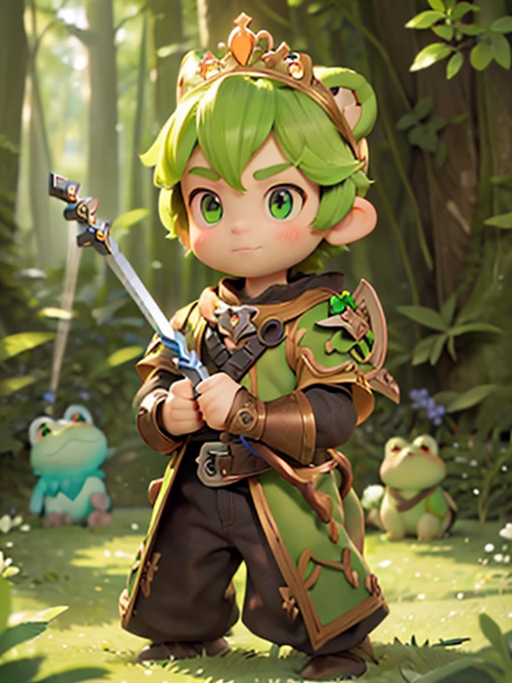 little humanoid frog warrior cute face big eyes with medieval armor and claymore sword in hand in enchanted forest fighting vs giant dragon