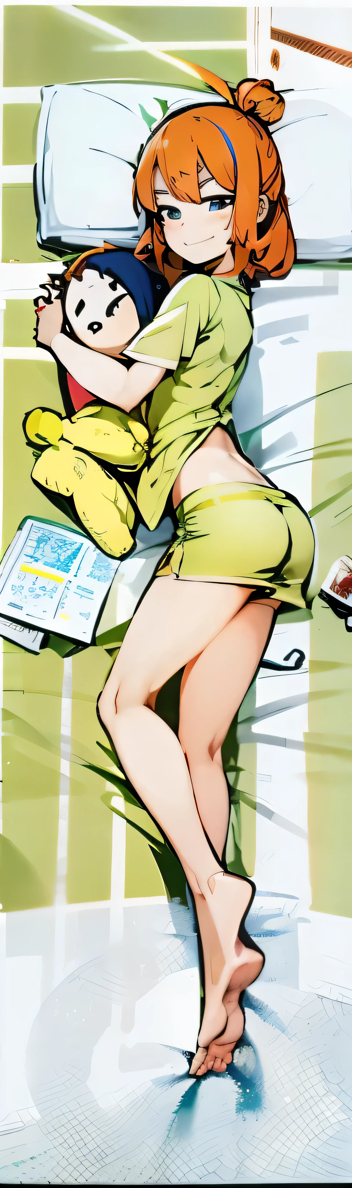 (flatcolors:1.3),(One color:1.3),(tmasterpiece:1.2),Best quality at best,A girl in bed, A happy expression appeared on her face, Hand holding cute cat head shaped pillow. girl lying on side, fully visible in frame. She has an anime-style round hairstyle,oda'oda'oda'oda'oda'oda'oda'oda'There's another pillow on the bed next to her, The girl has orange hair,Wearing a cute pajama set. 图像应该是Best quality at best, 4k画质, Demonstrate ultra-detailed and realistic features. Known for its beautiful and beautiful illustrations.,The color tone should be warm and comfortable, The lighting is soft and soft,