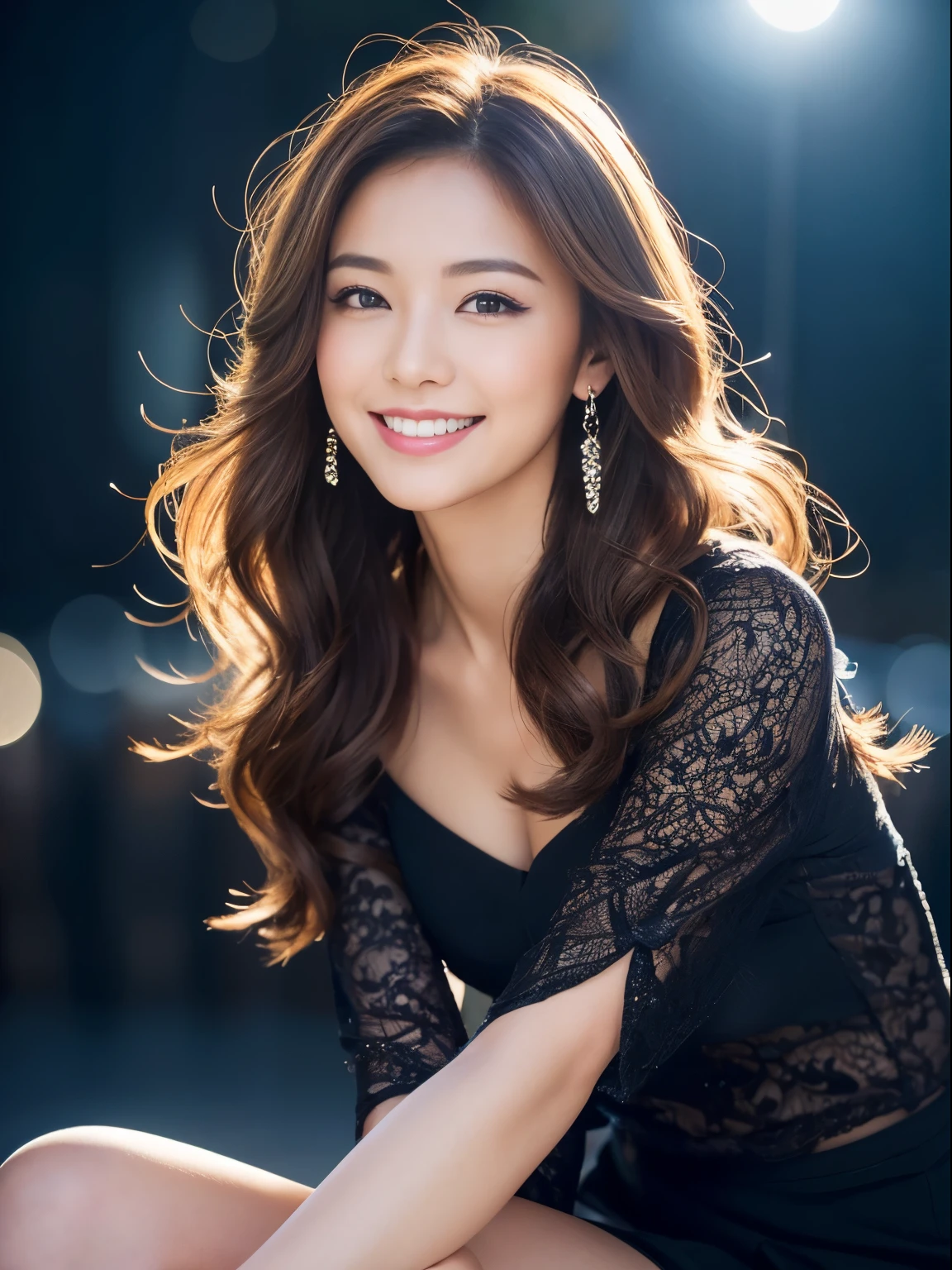 kindly smile,  A smile loved by everyone, Best Quality,Above the knee , Night Background ,  masutepiece, hight resolution, (Detailed:1.4), 1 girl, (Natural Eyeliner), light brown hair, Natural-looking makeup, eyeshadows, very thin eyebrows,  Wavy Hair
