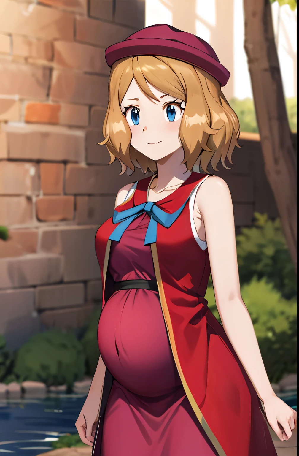 masterpiece, best quality, highres, serena \(pokemon\), short hair, blue eyes, 1girl, solo, blue ribbon, eyelashes, black thighs, neck ribbon, sleeveless, bangs, collarbone, bare arms, pink dress, red coat, pink hat, outdoor, standing by a lake, pregnant, blushing, smile, long stockings, black stockings, mid-thigh stockings, medium-sized female breasts,  Neckline, large and rounded belly, advanced pregnancy, detailed background, background of great details.