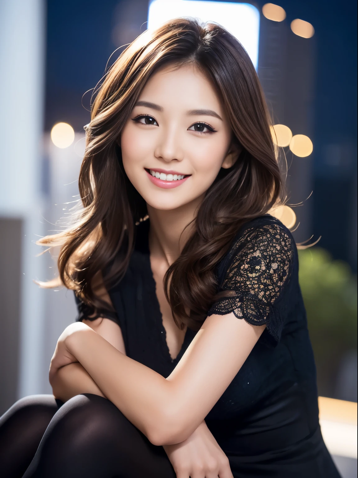 kindly smile, A smile loved by everyone, Best Quality,Above the knee , Night Background , masutepiece, hight resolution, (Detailed:1.4), 1 girl, (Natural Eyeliner), light brown hair, Natural-looking makeup, eyeshadows, very thin eyebrows, Wavy Hair