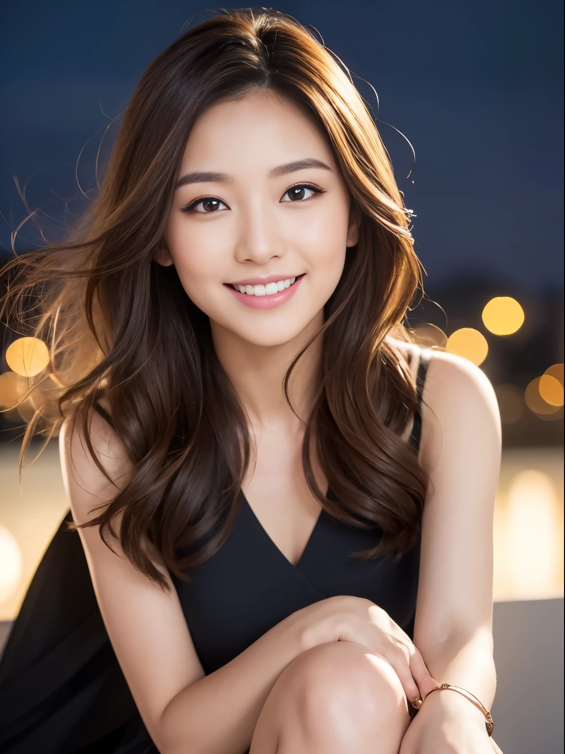 kindly smile, A smile loved by everyone, Best Quality,Above the knee , Night Background , masutepiece, hight resolution, (Detailed:1.4), 1 girl, (Natural Eyeliner), light brown hair, Natural-looking makeup, eyeshadows, very thin eyebrows, Wavy Hair