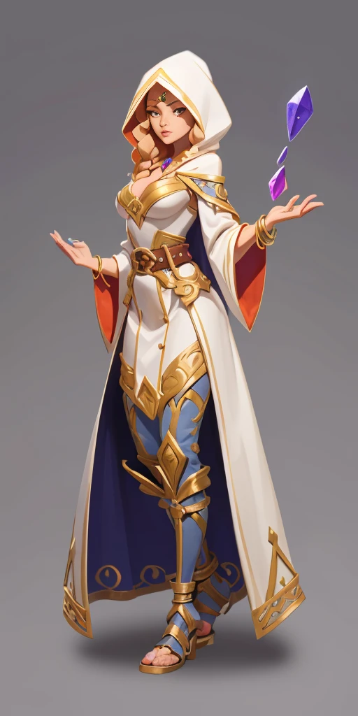 solo, 1girl,slave warrior with 2 legs and 2 arms tied to a bed, bondage MAGICIAN, FEMALE FOCUS, GRAY BACKGROUND, WIZARD, FULL BODY, STANDING, HOOD, ROBE, MILF, JEWELRY, LONG BLONDE HAIR, BRACELET, WIDE SLEEVES, WOMAN, BELT, GEMSTONE, LONG SLEEVES, FEMALE VERSION