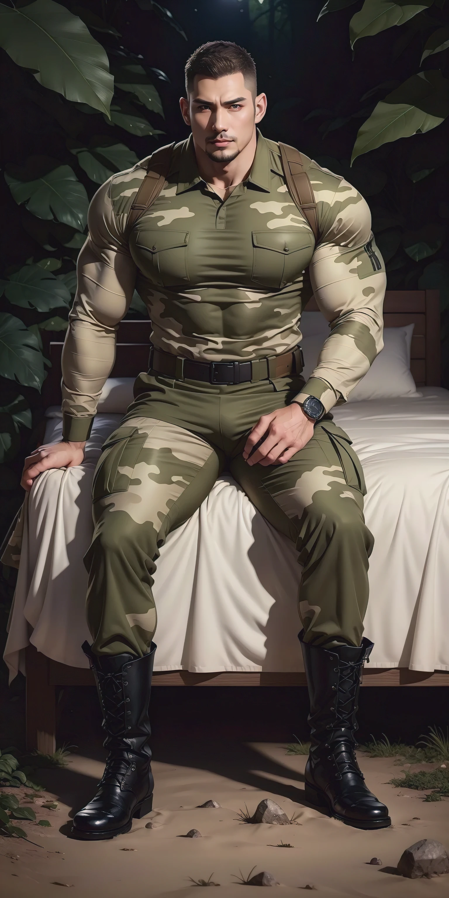 Sad crying tall giant muscular man.，Khaki camouflage military uniform，Sleeping on a soft dark green mattress，Strong and fierce tough guy straight man，Buzz Cut，身穿Khaki camouflage military uniform，Sleeping on a soft dark green mattress， Sad expression，Deep and charming eyes，The hero with emerald pupils，heroic male pose，高大burly，muscular！Charming leg muscles，High, burly, Heqiang， 身穿Khaki camouflage military uniform， Super gain and cool， high resolution committee， Big feet in black boots，Charming strong man，The bright sunshine shines on you  , top view, look up , lying on bed   , sexy , nsfw , eroticism