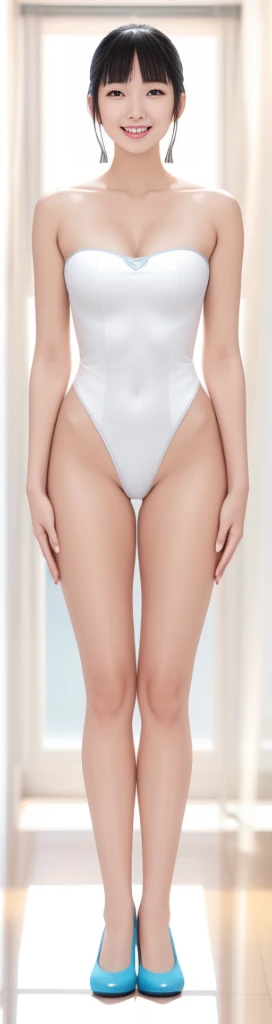 On a white background,A tall and beautiful Chinese girl,with fair skin,Toothy smile,A big smile,When you laugh, Your eyes are crescent-shaped,blunt bangs, long straight hair,Wear a one-piece swimsuit and pumps,Swimsuits are decorated with joyful patterns, Stand up straight,Stand upright,hands on sides,Symmetrical distribution,Ray tracing,All shaded areas,No windows, Soft lighting, Warm light, flood light, no lights on the top, Studio light, 1.4x Realistic Ultra HD