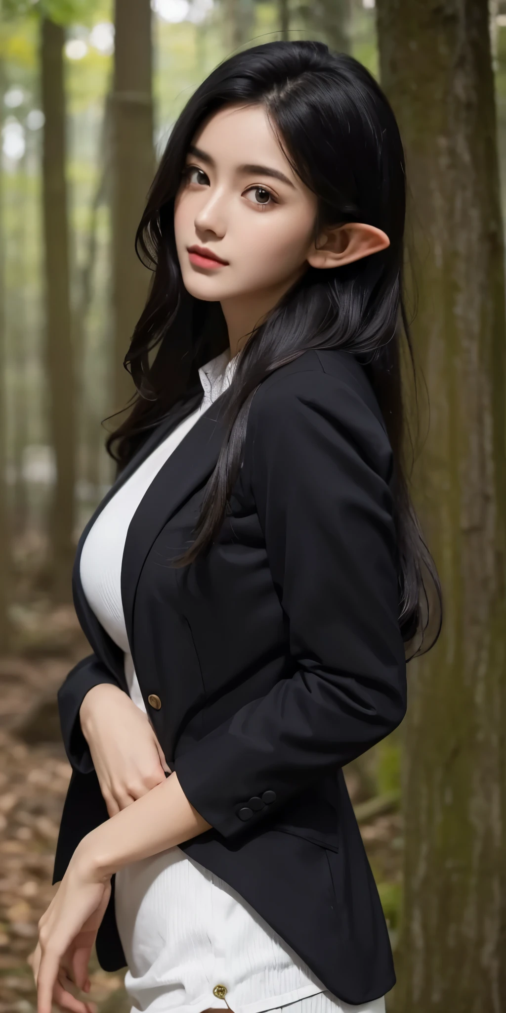 1girl,huge breast, Black  hair,long hair, blazer adventure clothes,elf, high quality, ultra detailed, masterpiece, realistic