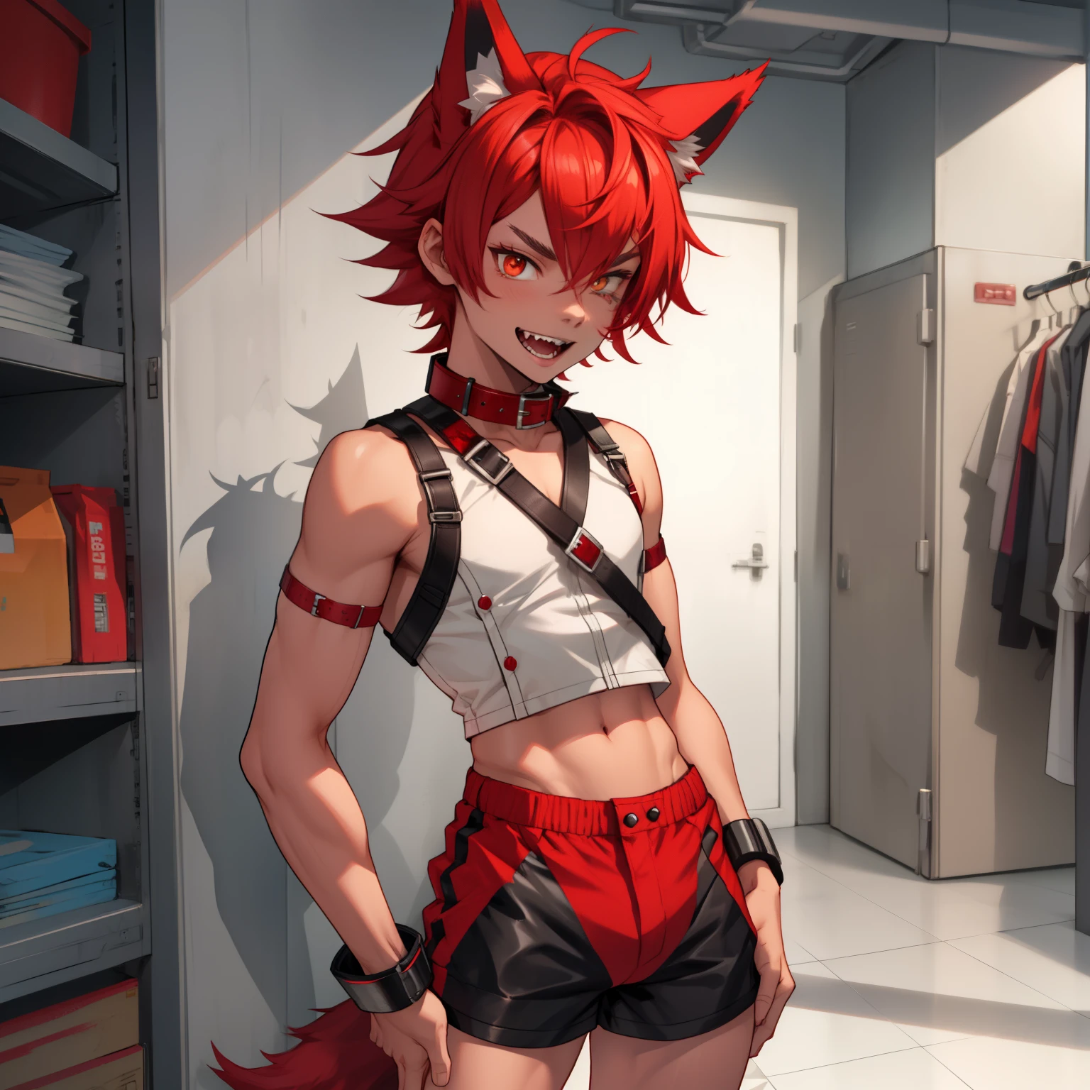 male twink with red hair, wolf ears and wolf tail, wearing tight shorts, cute fangs, wearing collar, solo, alone, (SOLO)(ALONE) slim figure, slutty outfit
