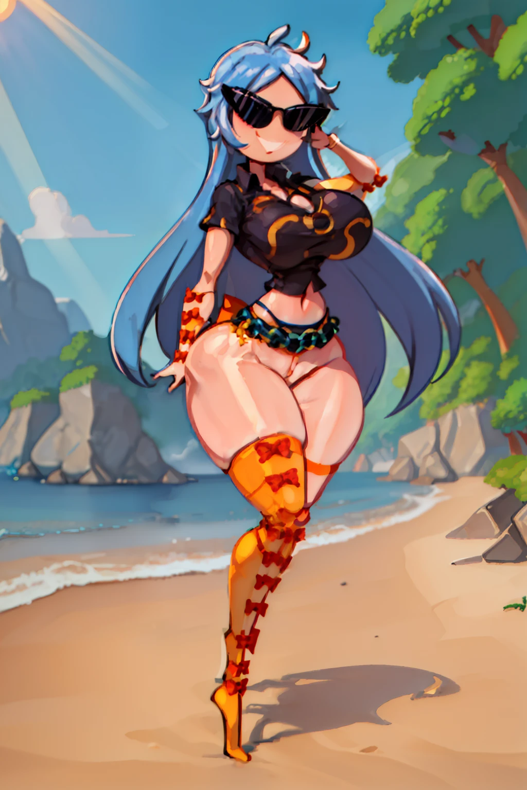 masterpiece, best quality, sunnification, 1girl, short, curvy, thighs, flat chest, joints, high heels, standing, outdoor, blue sky, sun, sunlight, beach, full body, doll, revealing clothes, big head, 1girl, solo, breasts, curvy, wide hips, narrow waist, joints, doll joints, cleavage, bursting breasts, huge breasts, lips, 1girl, Himemushi Momoyo, patterned clothing, black shirt, green ring, orange ribbon, orange bow, black skirt, midriff, full body, high heels, thighhighs, long legs,