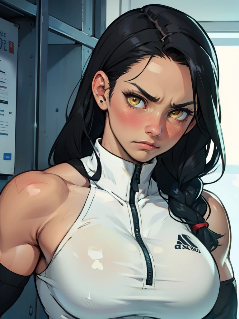 girl perfect anatomy toned body muscular girl black hair yellow eyes pale girl massive breasts sad frown blush best quality detailed eyes highly detailed, long abs best quality best quality best quality