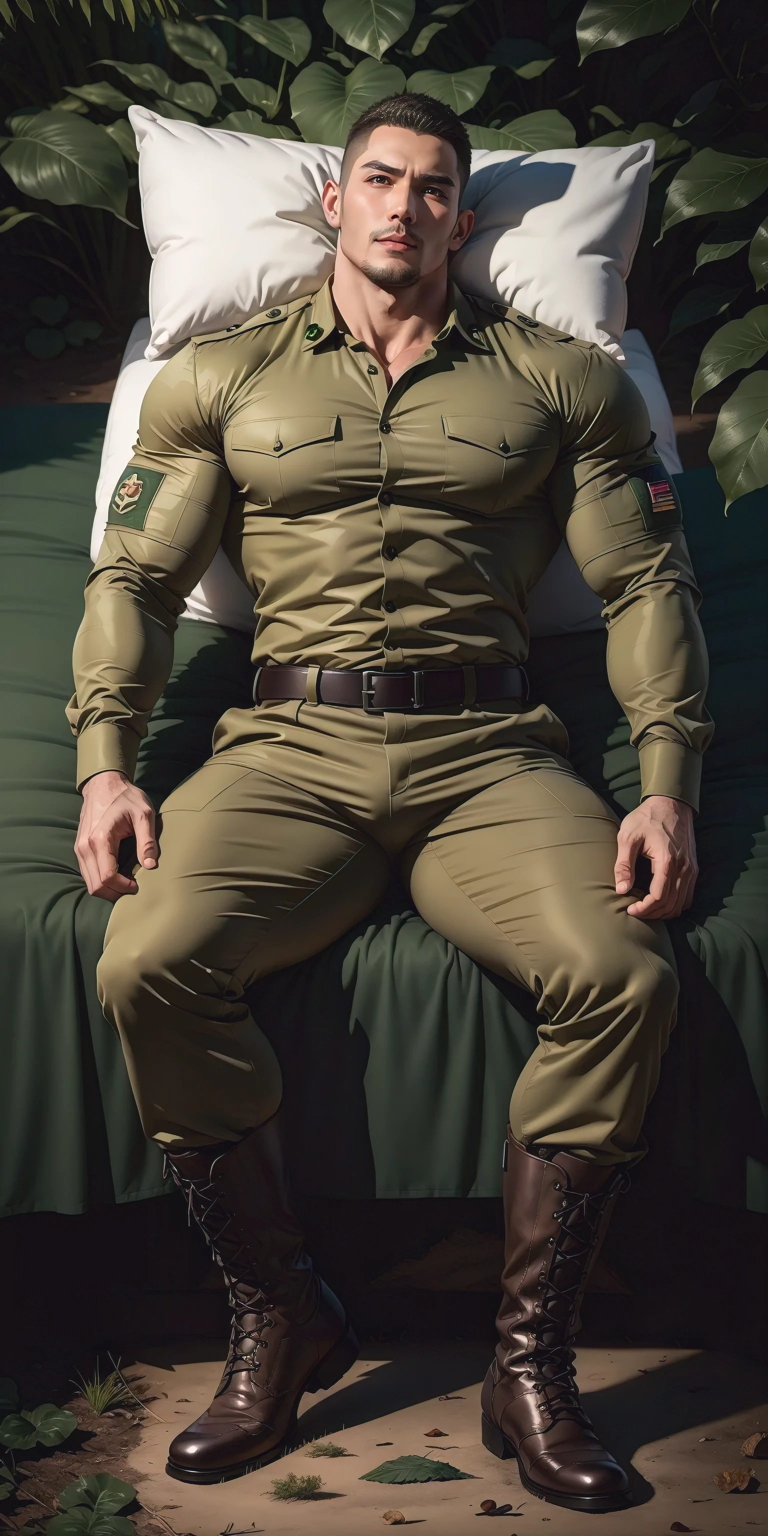 Tall muscular man is sleeping and lying down in the forest,Khaki long sleeve camouflage military uniform,character design(Resident Evil - Chris Redfield,Chris Redfield)buzz clip,身穿Khaki long sleeve camouflage military uniform,Matte texture,The bed is big, soft and comfortable,Lying down and sleeping in the dark sugar cane jungle, The body is wrapped in thick rattan,expression sad,Deep and charming eyes,The hero with emerald pupils,heroic masculine pose,Tall and burly,musculous!Charming leg muscles,tall, Burly, and strong, Wearing khaki camouflage military uniform, Super gain and cool, commission for high resolution, Big feet in black boots,Charming strong man,Bright sunlight shines on the body,Matte particles with shiny texture
