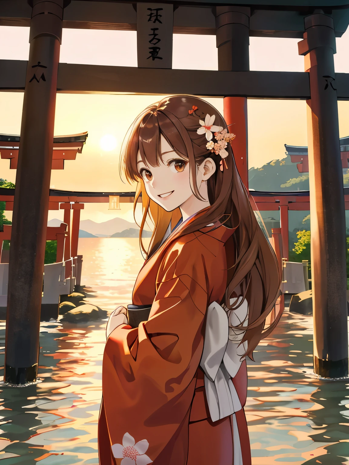 New Year Japan,  Stand at the front,  Kimono appearance, sunny appearance , brown colored long hair , kindly smile  , background is far away, In the background is the shining white torii gate of a shrine floating on the coast.  .  , Brown eyes, a beauty girl, The sun rises from afar