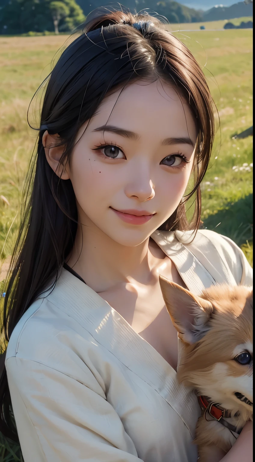 beautiful girl in a primitive costume made of hemp, with Japanese dog, front face, photo, an extremely delicate and beautiful, extremely detailed, Amazing, extremely detailed skin, (18 years old:1.2), cute girl, famous Japanese idol, kawaii, fair skin, shiny skin, chin thin, (smile:1.2), cute, young, extremely detailed nose, extremely detailed mouth, cute face, (realistic face:1.4), beautiful views, japan, nature, grass field, mountain, outdoors, blue sky