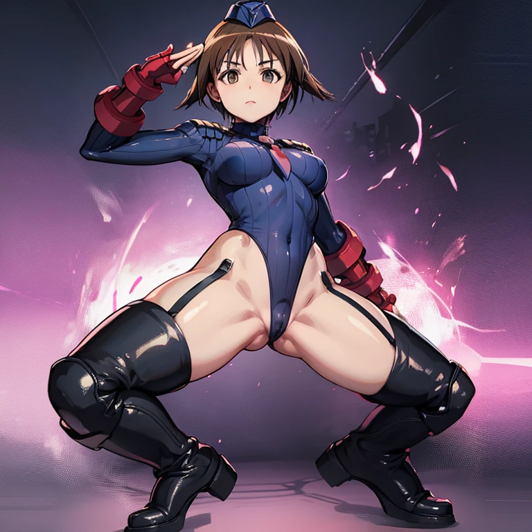 ultra-detailed, Explicit, Beautiful body, Beautiful Nose, Beautiful character design, perfect eyes, perfect face, ultra highres, 4K, beautiful legs, perfect legs, Nice hands, Perfect hand, Masterpiece, Best Quality, Highly detailed, illustration, absurdres, street fighter, doll suit, shadaloo doll, dollsuit, expressionless, blank eyes, looking at viewer, red gloves, emotionless, black latex, corrution, mind control, female combatant, full body, hypnotized, unhappy trance, full body suit, ribbed bodysuit, both arms at side, obey, perfect female body, extremely glossy latex, hypnosis, hypnoLora, empty eyes, Mind control device, poses, submissive_pose, Slave, hat, necktie, stand up straight, standing, standing at attention, hat, necktie, belt, latex, ribbed bodysuit, thighhighs, garter belt, Fighting Stance, extending the right arm from the shoulder into the air with a straightened hand, nazi saluting, military, military saluting, salute, thigh boots, 1girl, Miyafuji yoshika, strike witches, brown hair, short hair, brown eyes