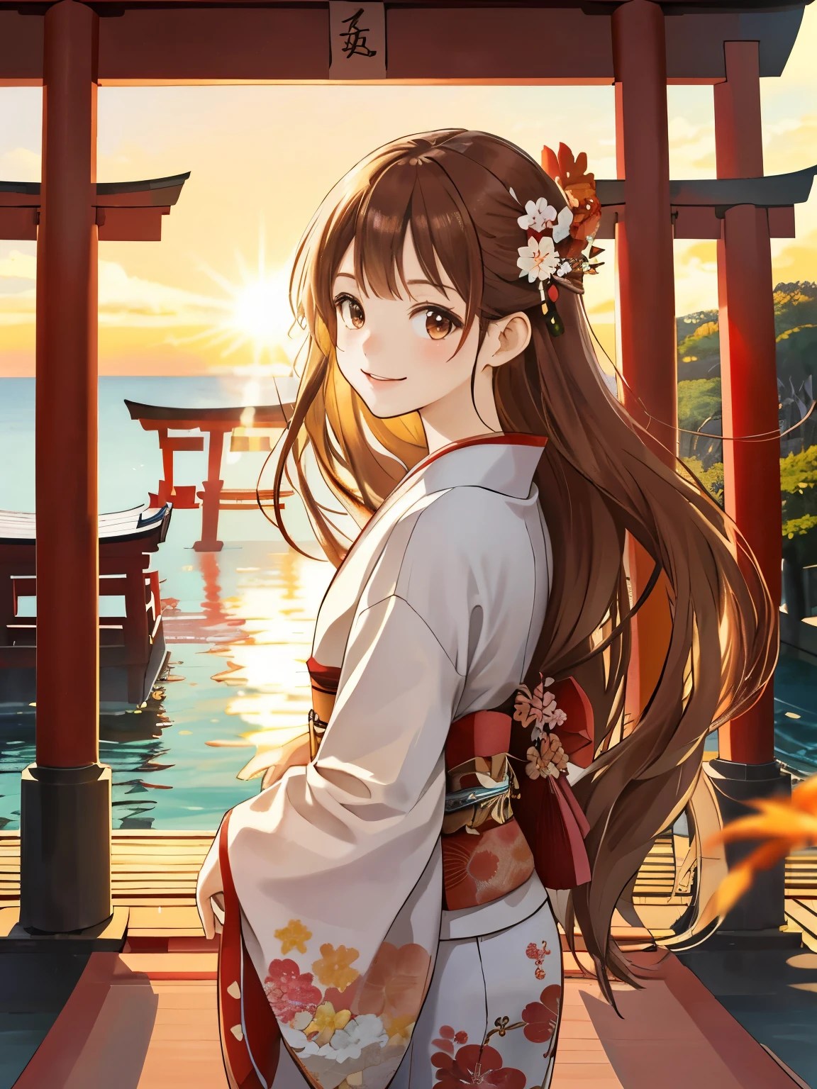 New Year Japan,   Kimono appearance, sunny appearance , brown colored long hair , kindly smile  , background is far away, In the background is the shining white torii gate of a shrine floating on the coast.  .  , Brown eyes, a beauty girl, The sun rises from afar