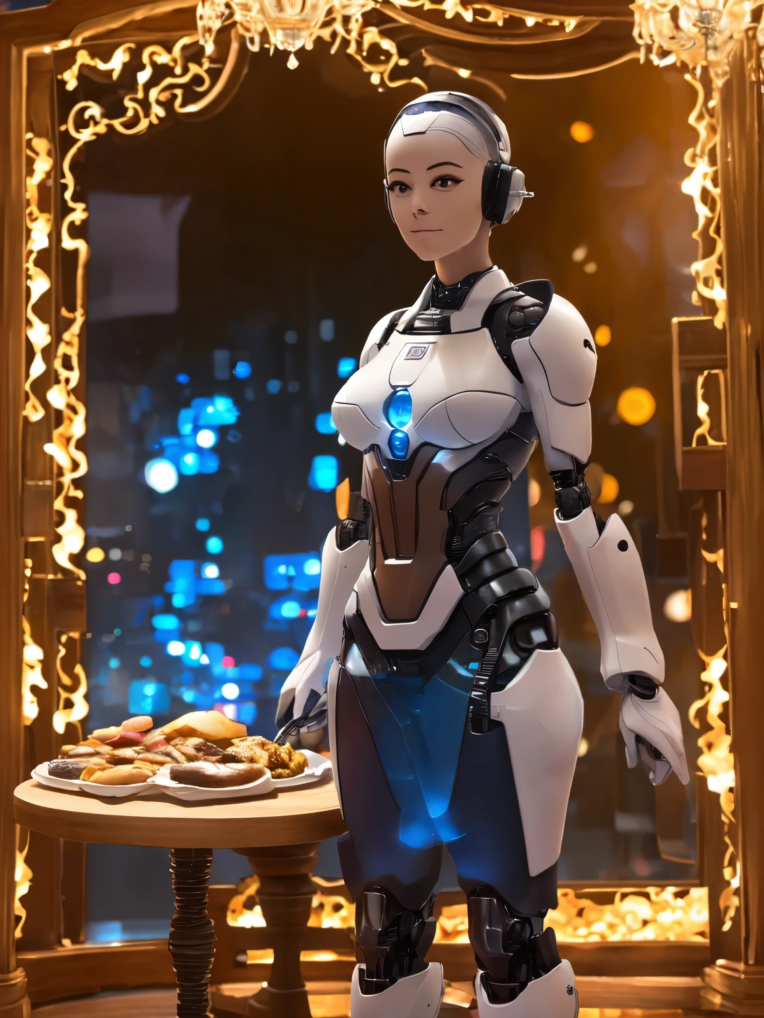 A girl robot butler carrying meals、(top-quality、hight resolution、​masterpiece:1.2)、ultra-detailliert、realisitic:1.37、proffesional、physically-based renderingt、Studio Lighting、vivd colour、portlate、Table with fancy dinner and wine