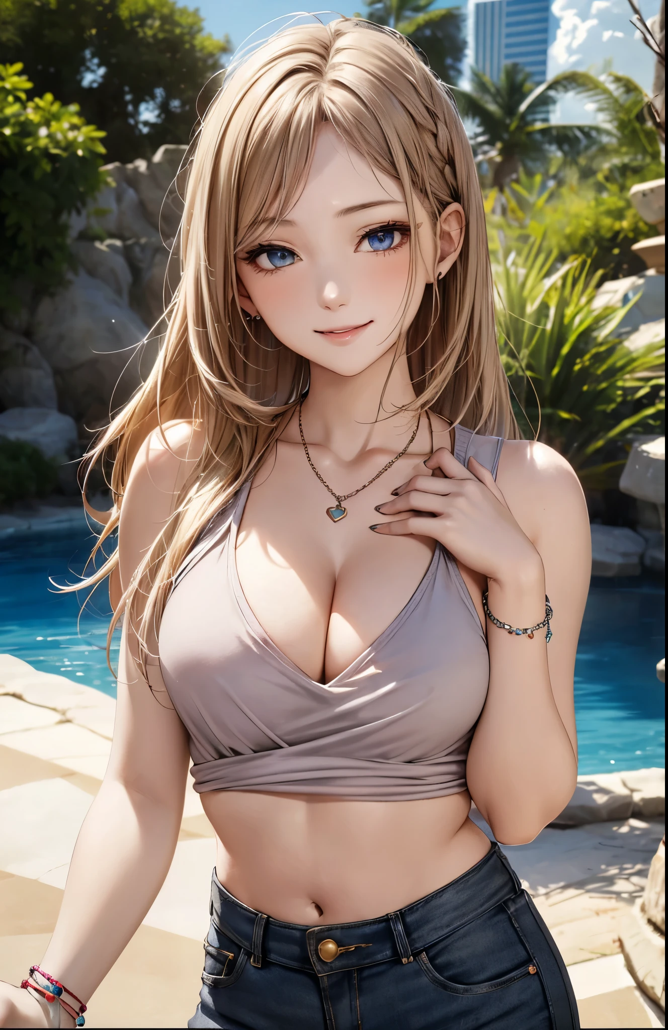 （Lifelike， hight resolution：1.3）， 1 girl with a perfect body， super fine face and eyes，length hair， Random Color Oversized Tank Top：1.2，Tight panting with big cleavage、(Put your hands on your chest:1.3)、sexy smiling、a necklace、A bracelet