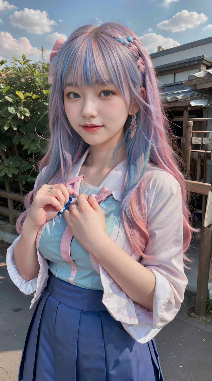 (masterpiece), (((highest quality)), (super detailed), 1 girl, (iridescent hair, colorful hair, half blue and half pink hair, Long Hime Cut Hairstyle: 1.2), , (japanese school girl uniform: 1.2), outdoor, bangs, smile, sky blue eyes, perfect hands, perfect hands, hand details, corrected fingers. Earrings, Night Store + Background, looking_at_viewer, Cowboy Shot, Top Quality, Rich Detail, Perfect Image Quality, gigantic breast