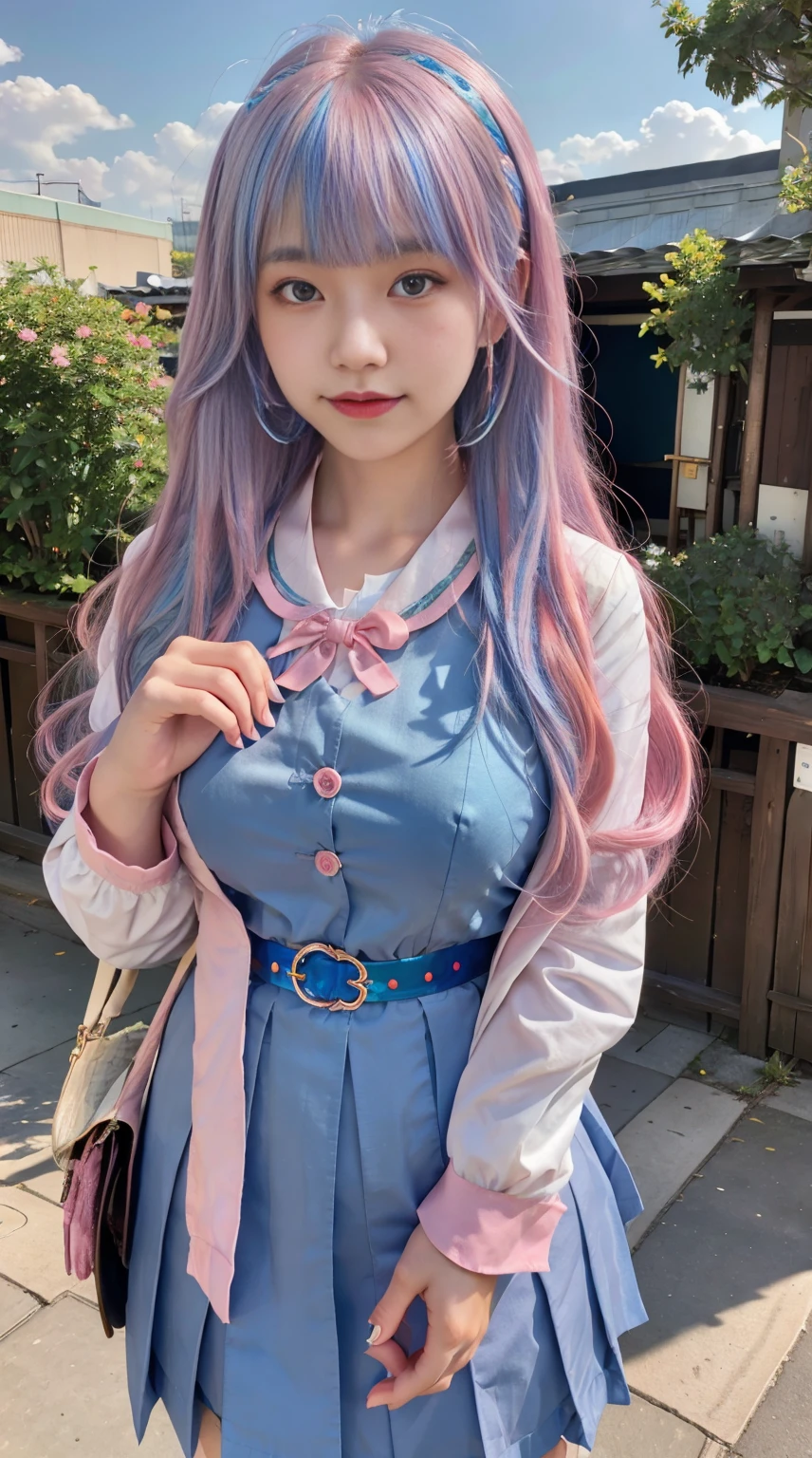 (masterpiece), (((highest quality)), (super detailed), 1 girl, (iridescent hair, colorful hair, half blue and half pink hair, Long Hime Cut Hairstyle: 1.2), ************, (japanese school girl uniform: 1.2), outdoor, bangs, smile, sky blue eyes, perfect hands, perfect hands, hand details, corrected fingers. Earrings, Night Store + Background, looking_at_viewer, Cowboy Shot, Top Quality, Rich Detail, Perfect Image Quality, gigantic breast