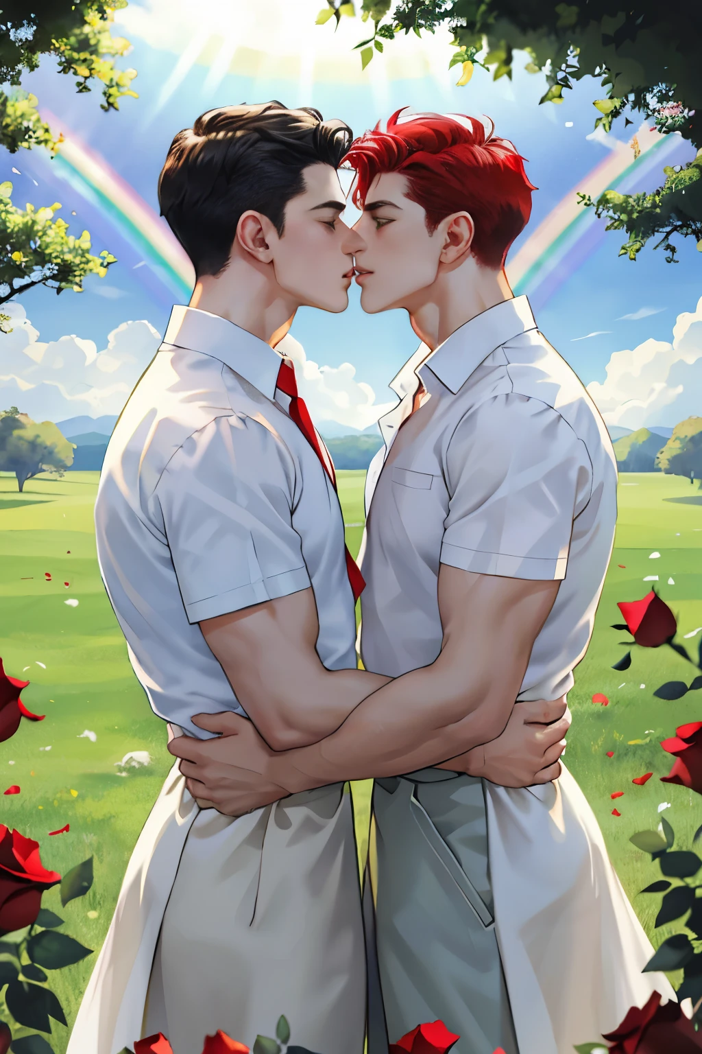 High image quality, two beautiful men, delicate eyes, lean muscles, tall, random hairstyle, A beautiful sunny morning, two camp boys in love passionately kiss on the brilliant green grass, two people wear white shirts, behind is a rainbow, surrounded by red roses.