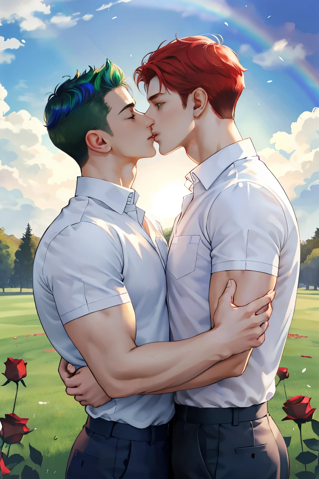 High image quality, two beautiful men, delicate eyes, lean muscles, tall, random hairstyle, A beautiful sunny morning, two camp boys in love passionately kiss on the brilliant green grass, two people wear white shirts, behind is a rainbow, surrounded by red roses.