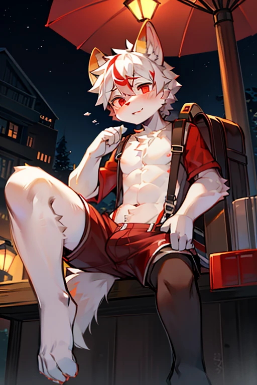 a young boy, 8 , thin, curly light blond hair, beautiful detailed blue eyes, evil smile, psychotic eyes, red wool hat, coat open chest, white underwear, no pants, standing in a dark alley late at night