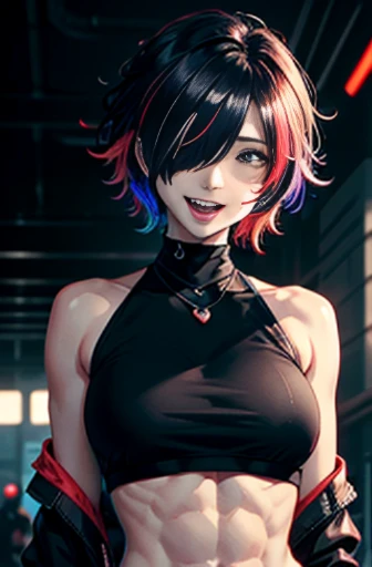 (hair over one eye:1.2), (tareme), open mouth, tongue out, laughing, teeth fangs, oral invitation, slender, well toned abs, mekakure, black shirt and white suit, staring at me with a provocative smile, arm to head, multicolored hair, asymmetrical messy hair, cyberpunk lighting, cinematic angle, Rule of thirds