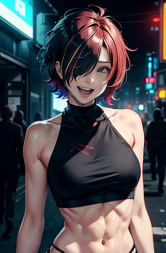 (hair over one eye:1.2), (tareme), open mouth, tongue out, laughing, teeth fangs, oral invitation, slender, well toned abs, mekakure, black shirt and white suit, staring at me with a provocative smile, arm to head, multicolored hair, asymmetrical messy hair, cyberpunk lighting, cinematic angle, Rule of thirds